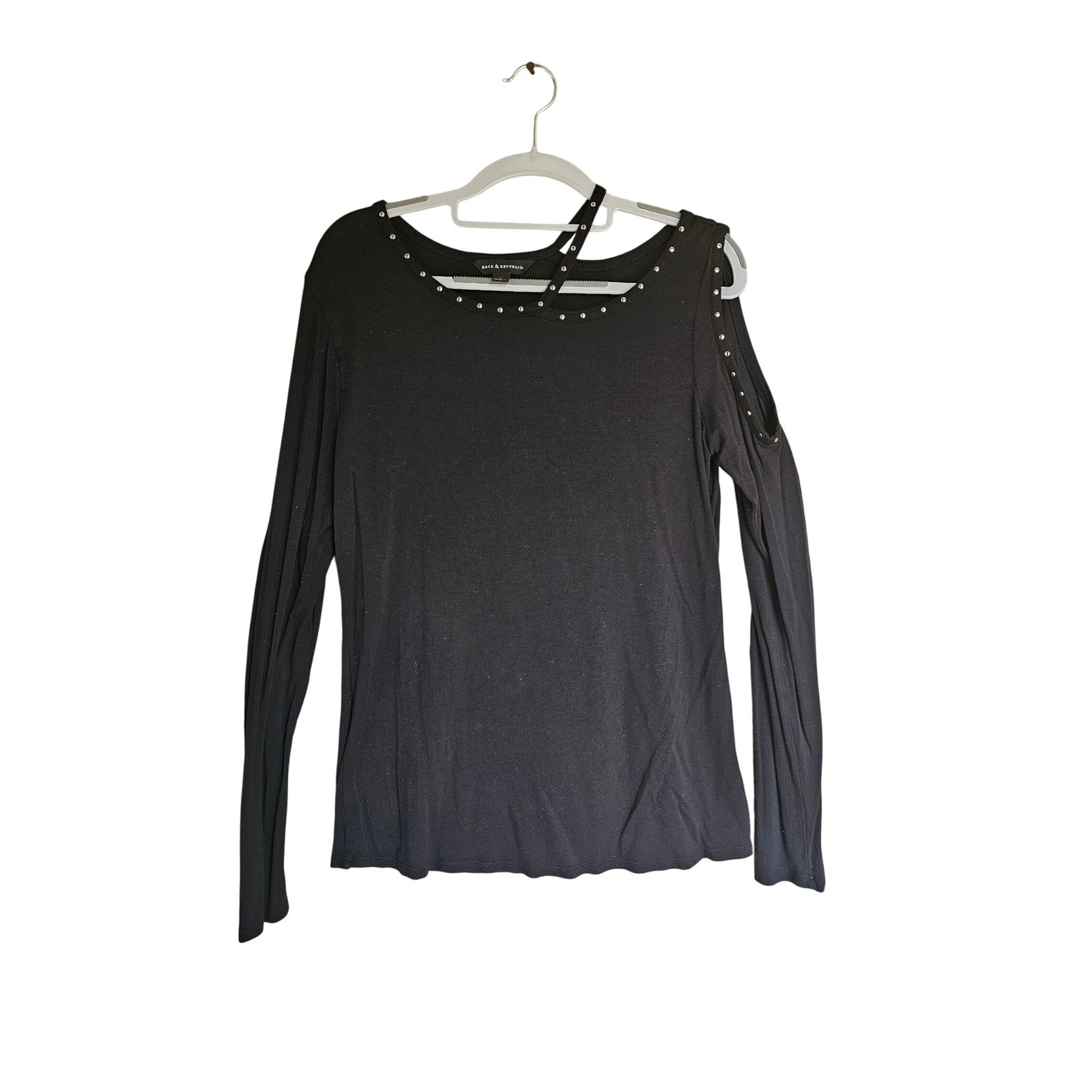 Rock & Republic Cold Shoulder Top Wmns M Black Studded Long Sleeve Strappy Edgy