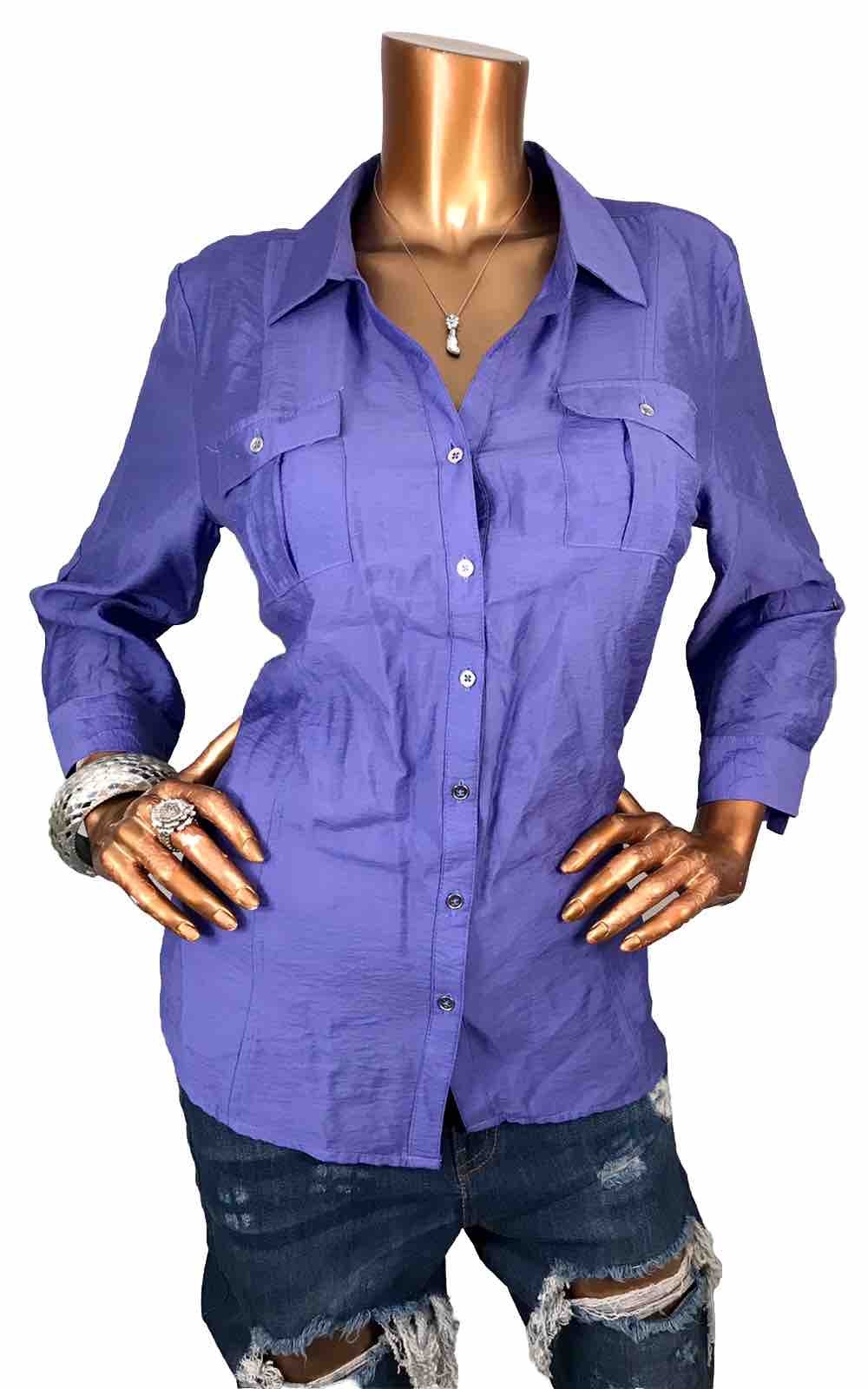 Roz & Ali L Top NWT $34 Purple Button Up Shirt Blouse Low Cut Lite Wgt Soft 3/4