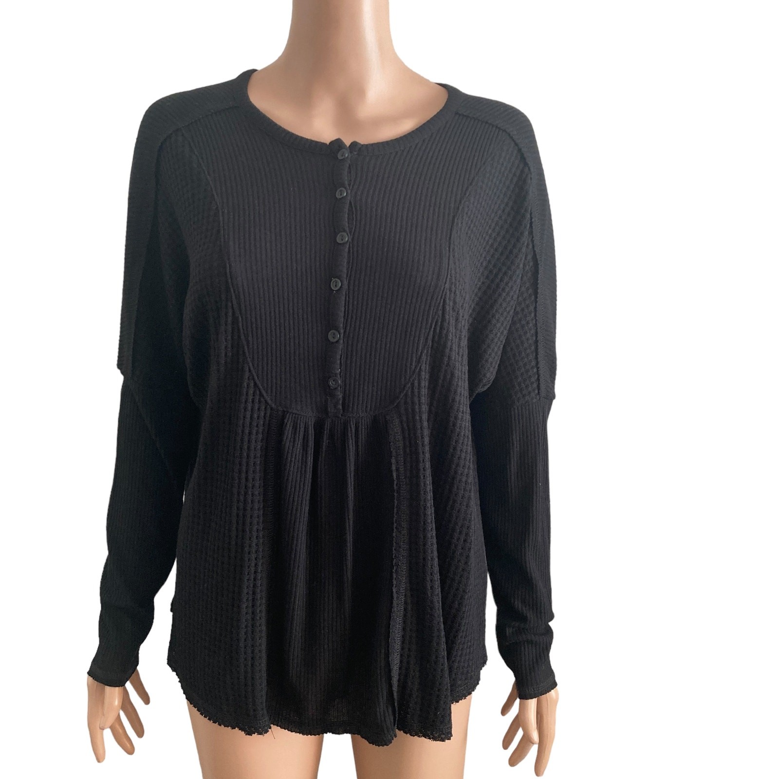 Gibsonlook Sweater Womens Medium Black Mixed Rib Waffle Knit Henley New