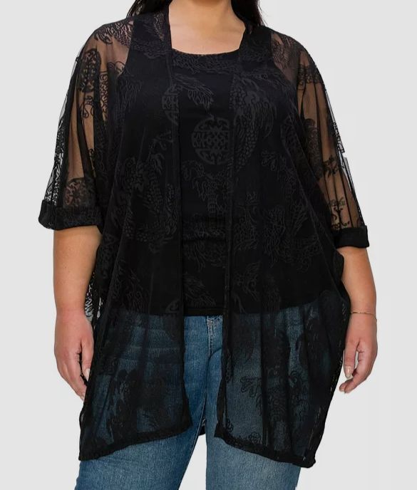 Coin 1804 Women’s Black Dragon Print Mesh Roll Sleeve Kimono Top Plus Size 1X