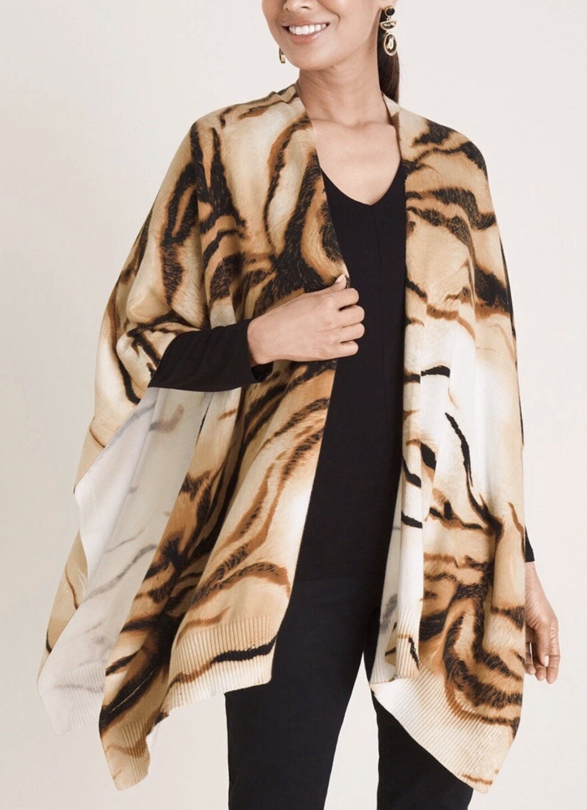CHICO’S Tiger Print Open Sweater Shawl Ruana Wrap Top Size S/M
