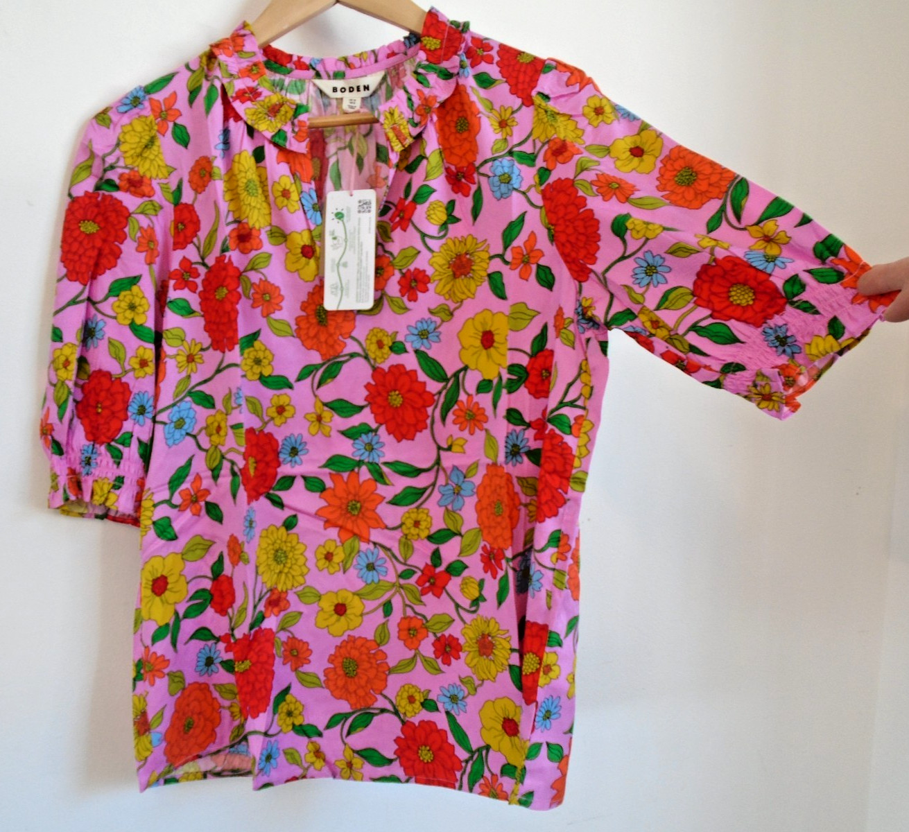 Boden Ria Floral Top Pink Multi Ruffle Puff Sleeve Ecovero Blouse BNWT UK 12
