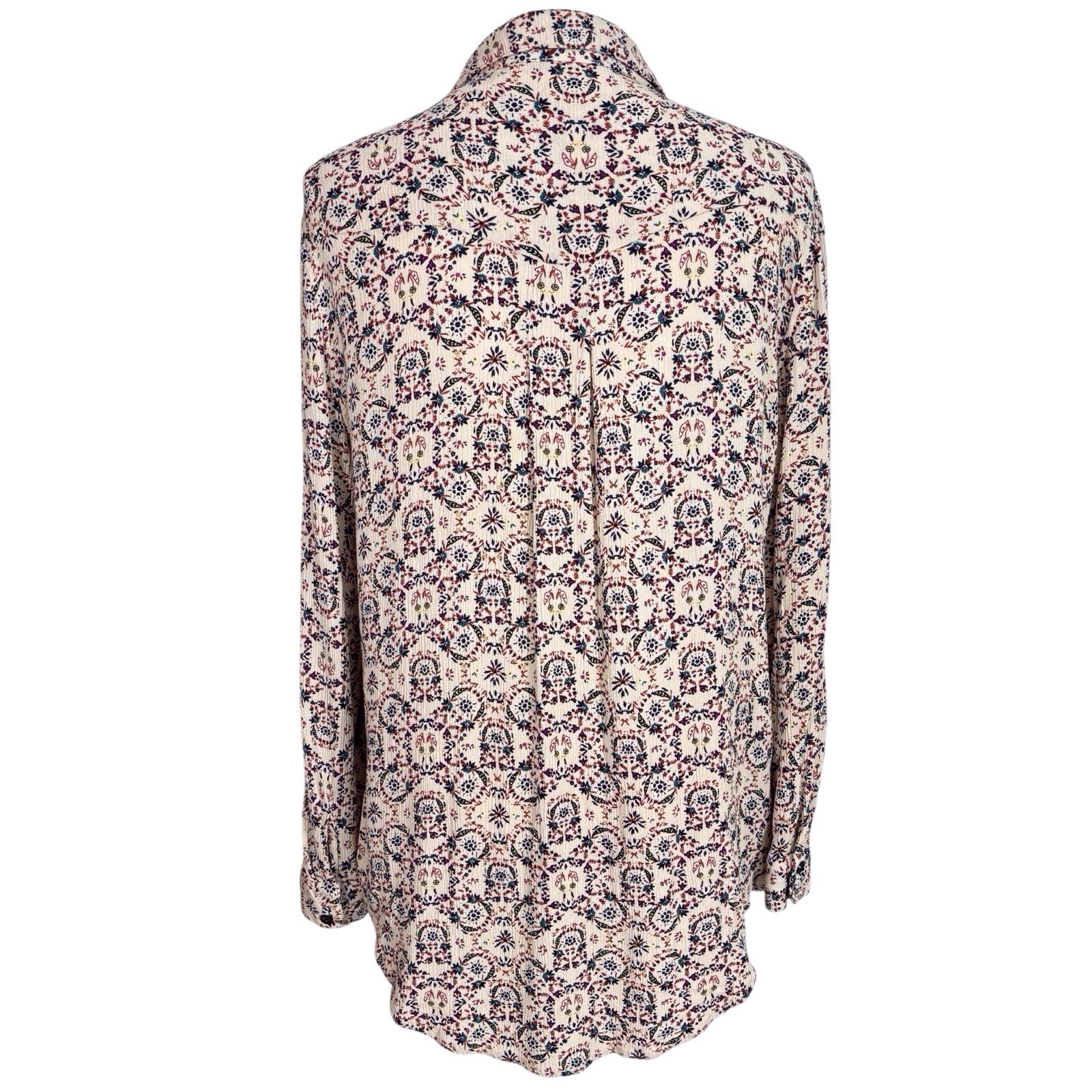 Natural Life Women’s Gauzy Button Boho Shirt Beige Small Ditzy Floral Roll Tab