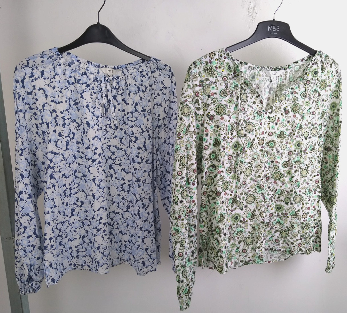 M&S Women’s Two 100% Cotton Patterned Blouses Size 10 In Blue and Green New