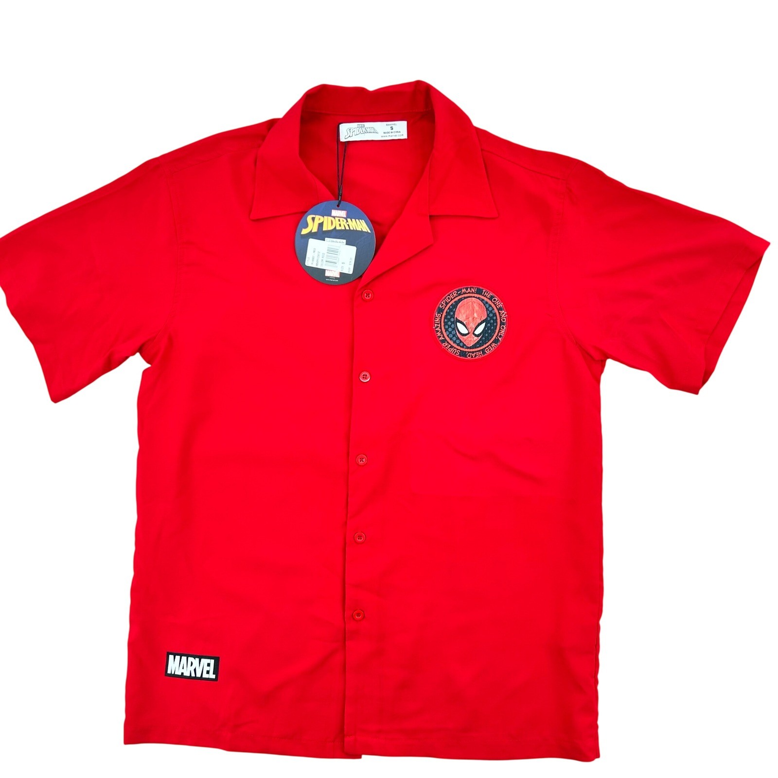 Marvel Spider-Man Red Button Down Shirt Short Sleeve Camp Collar SmalLRED