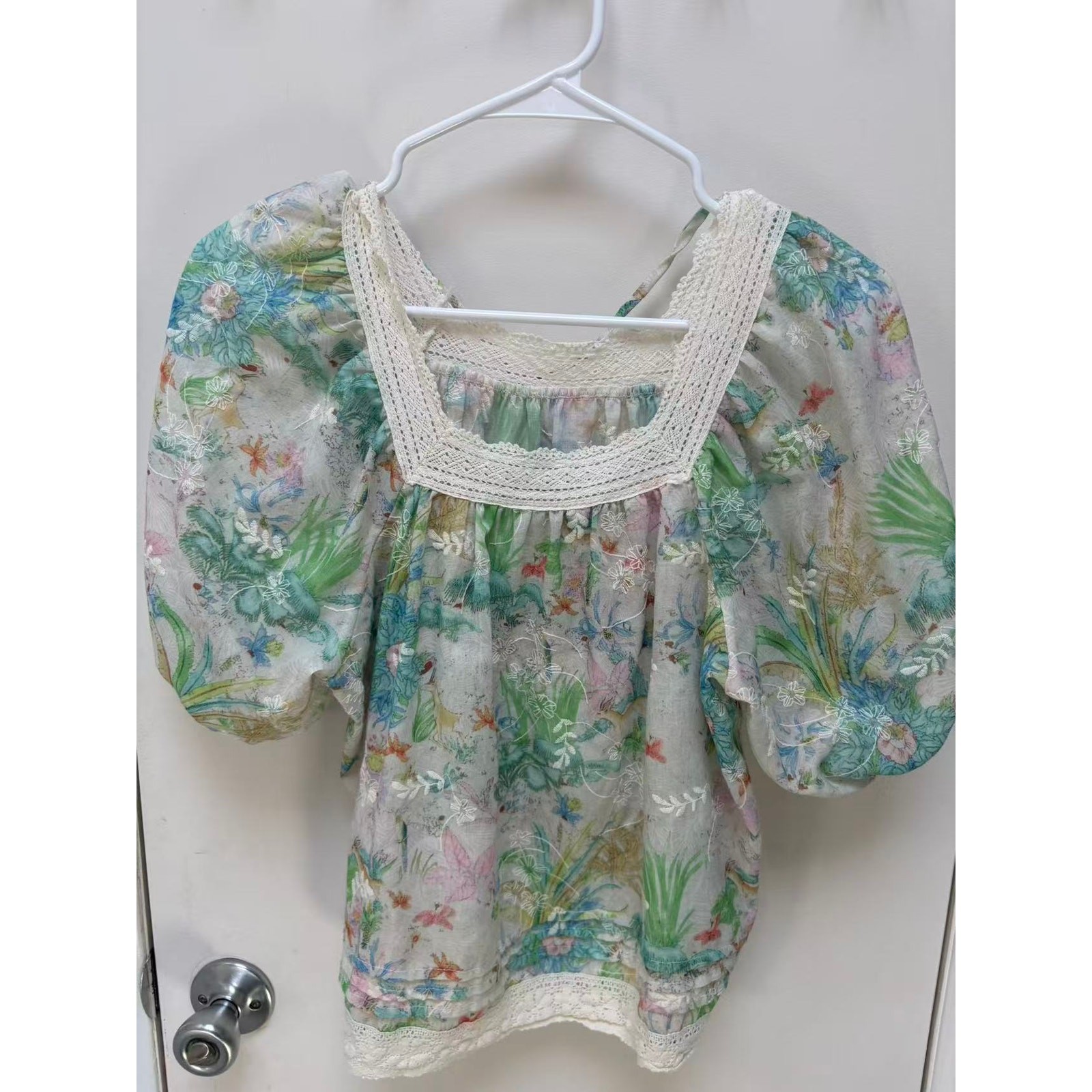 Women Floral Embroidered Puff Sleeve Top Boho Lace Trim Square Neck Blouse S
