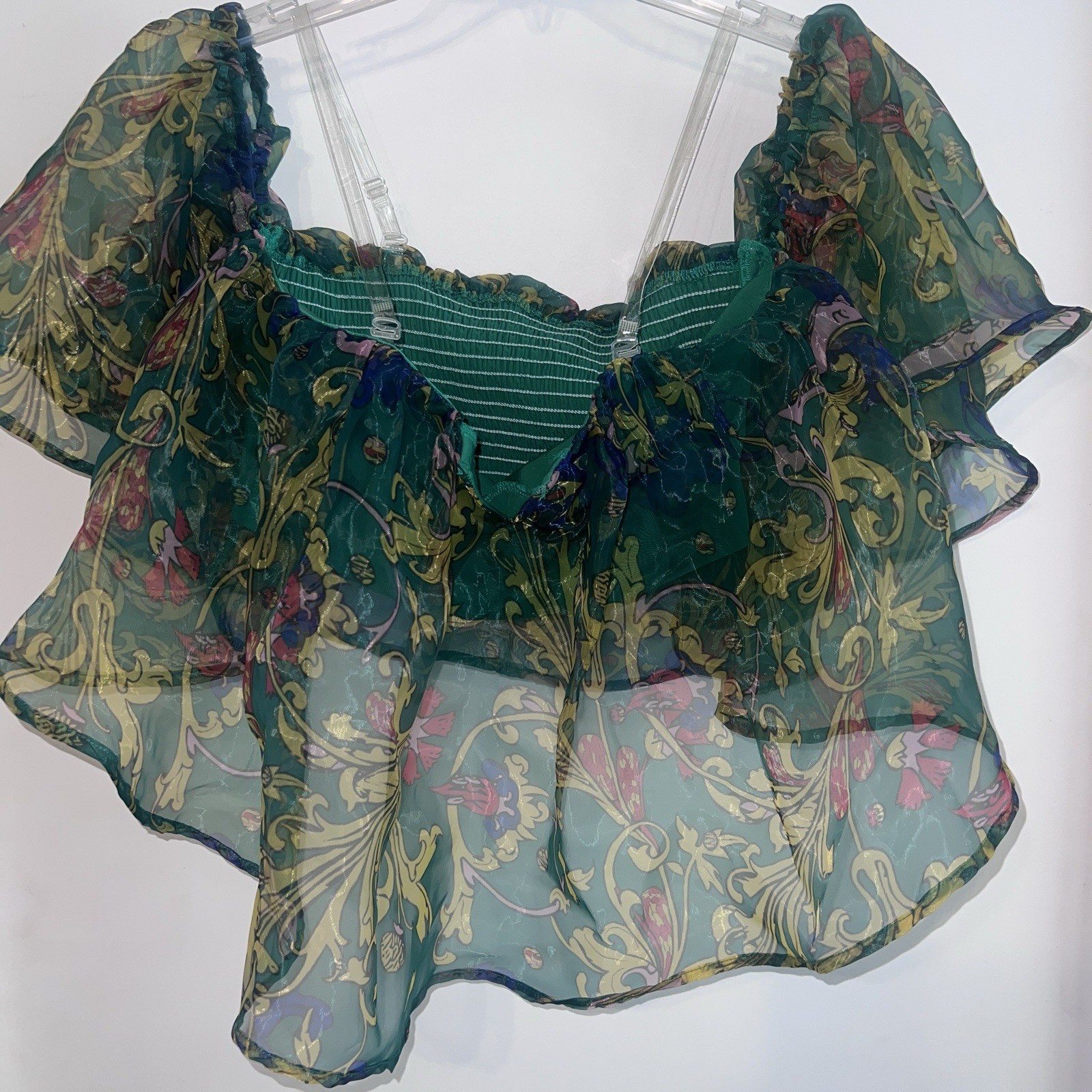 Off-Shoulder Print Smocked Crop Top with Elastic Flutter Sleeves – Green Bustier