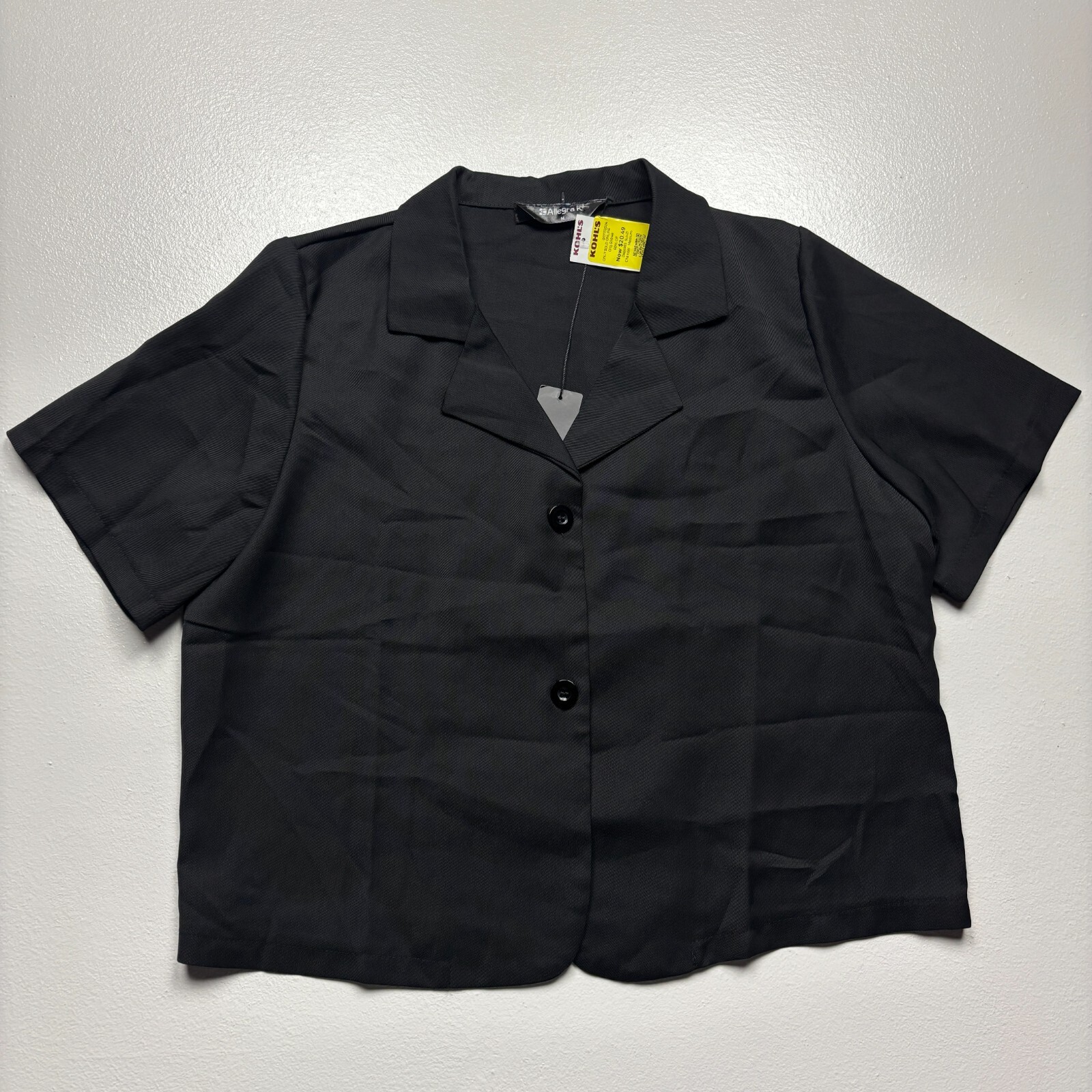 Allegra K Cropped Shirt Women’s Medium Black Short Sleeve Notch Lapel Button-Up
