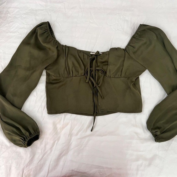 L.A. Hearts Olive Green Milkmaid Tie-Front Crop Top Puff Sleeve Boho – XS
