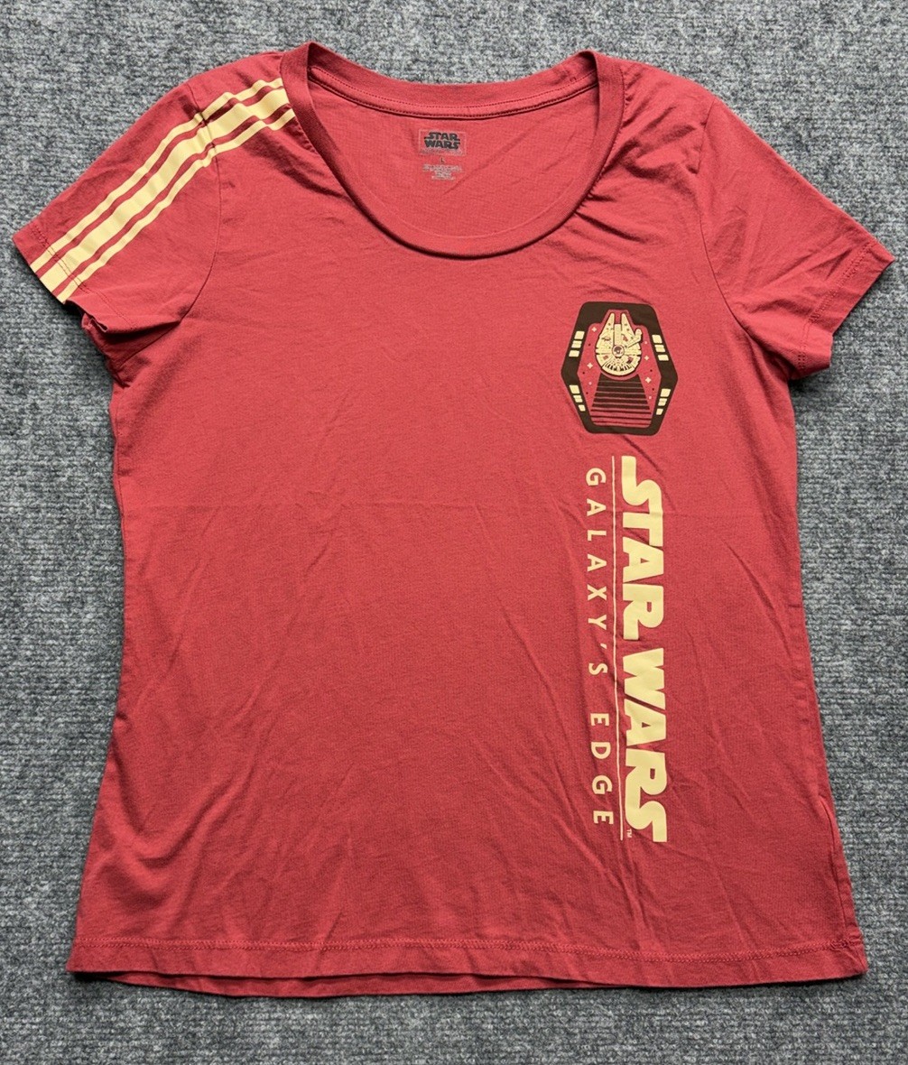 Galaxy’s Edge Red T-Shirt Wmns L Millennium Falcon Graphic Yellow Sleeve Stripes