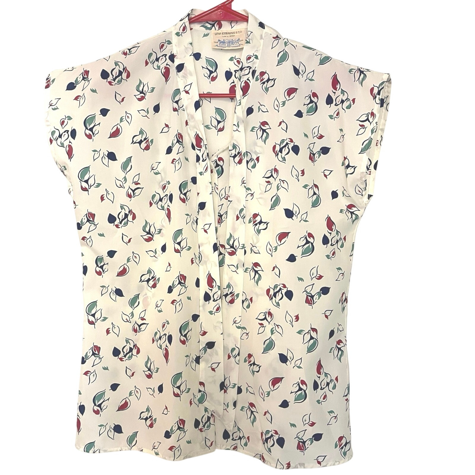 VTG Levi Strauss & Co Polyester Blouse Top W Tie Leaf Pattern Retro 70s 80s
