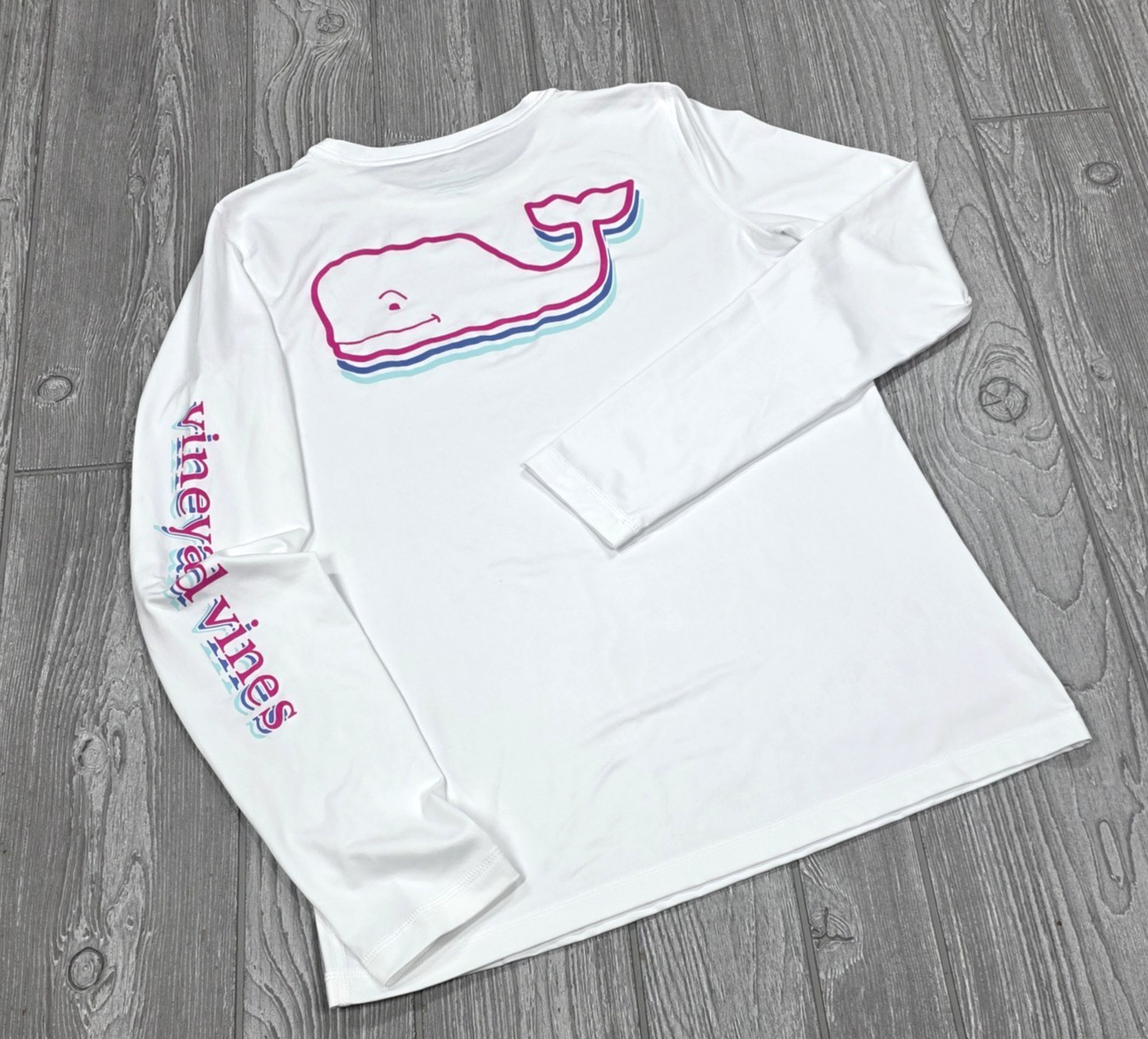 Vineyard Vines Performance Womens White Long Sleeve T Shirt Pink Blue Logo S