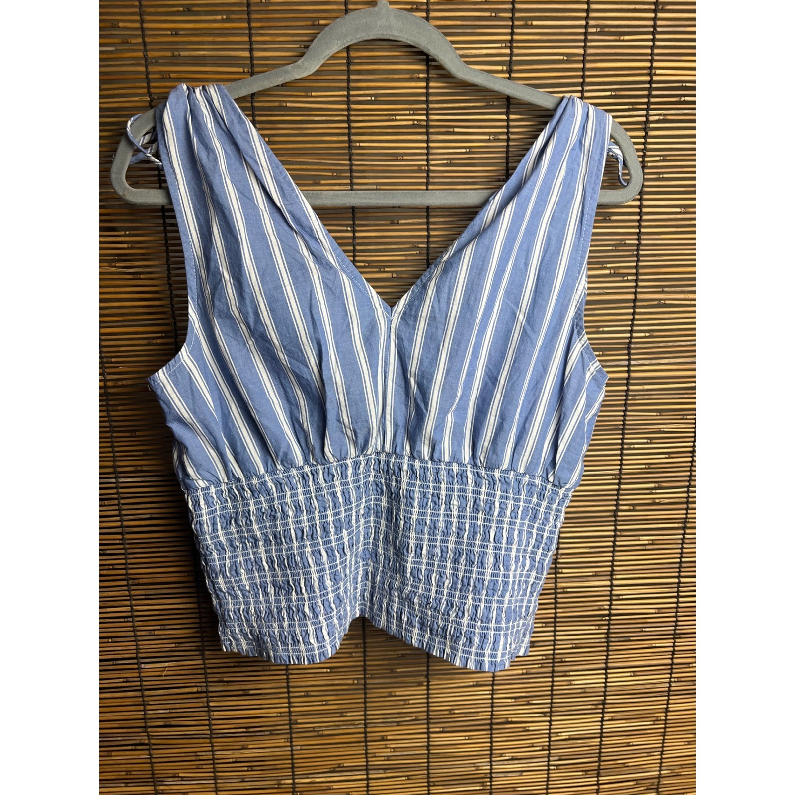Old Navy Womens Blue White Striped Tie Shoulder Smocked Waist Crop Top Medium