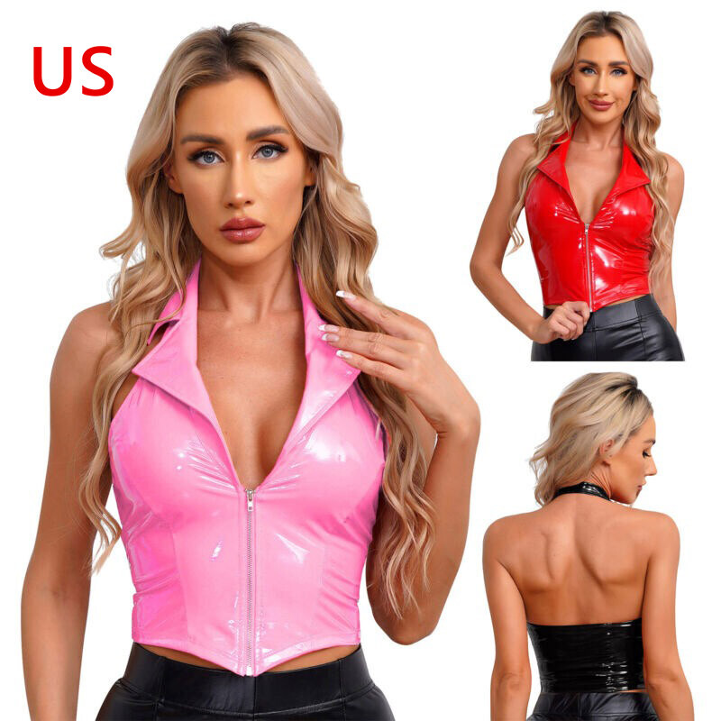 Freebily Women’s Sexy Halter V Neck Sleeveless Backless Crop Tank Top Latex Vest
