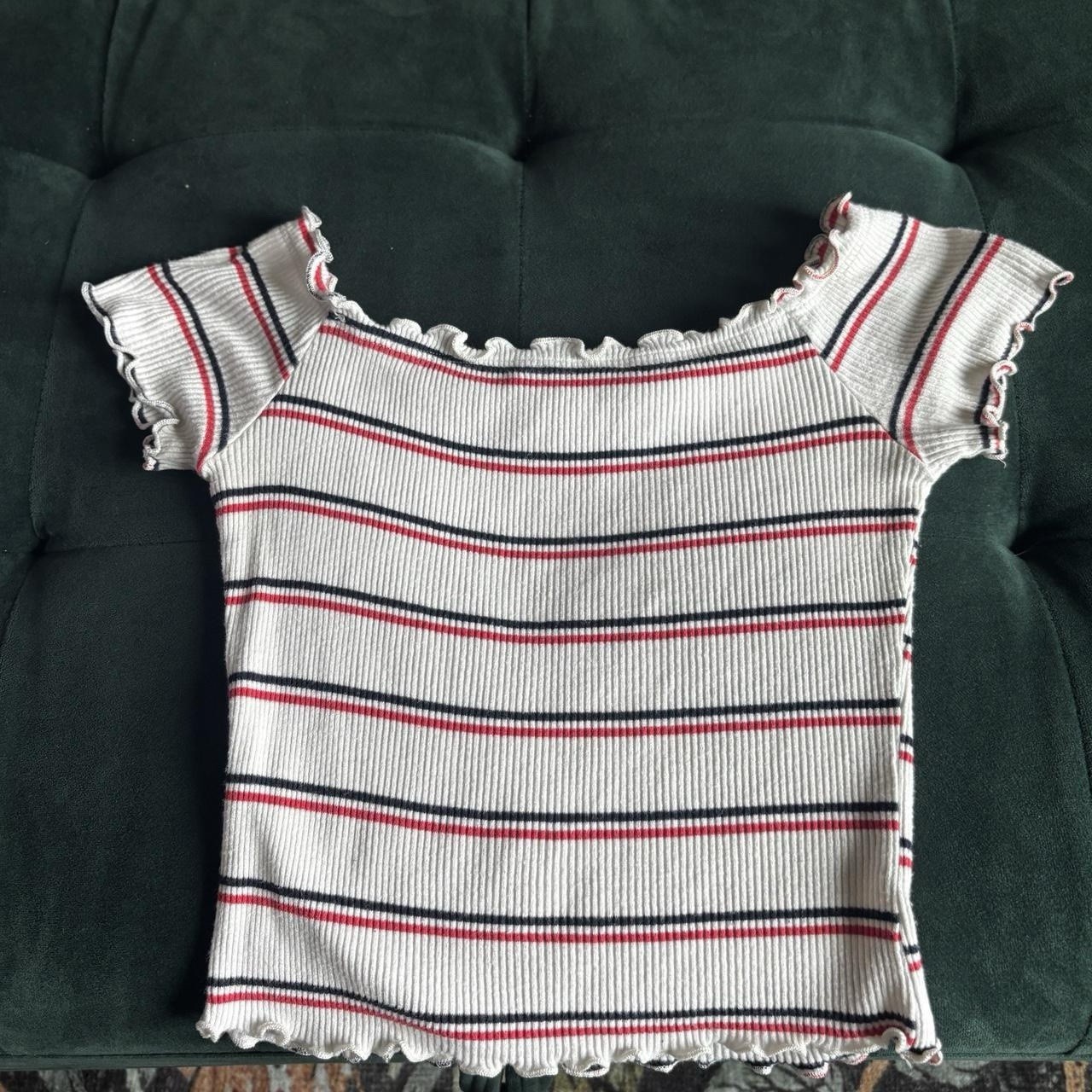 White Ribbed Off-Shoulder Top with Red & Navy Stripes and Lettuce Hem
