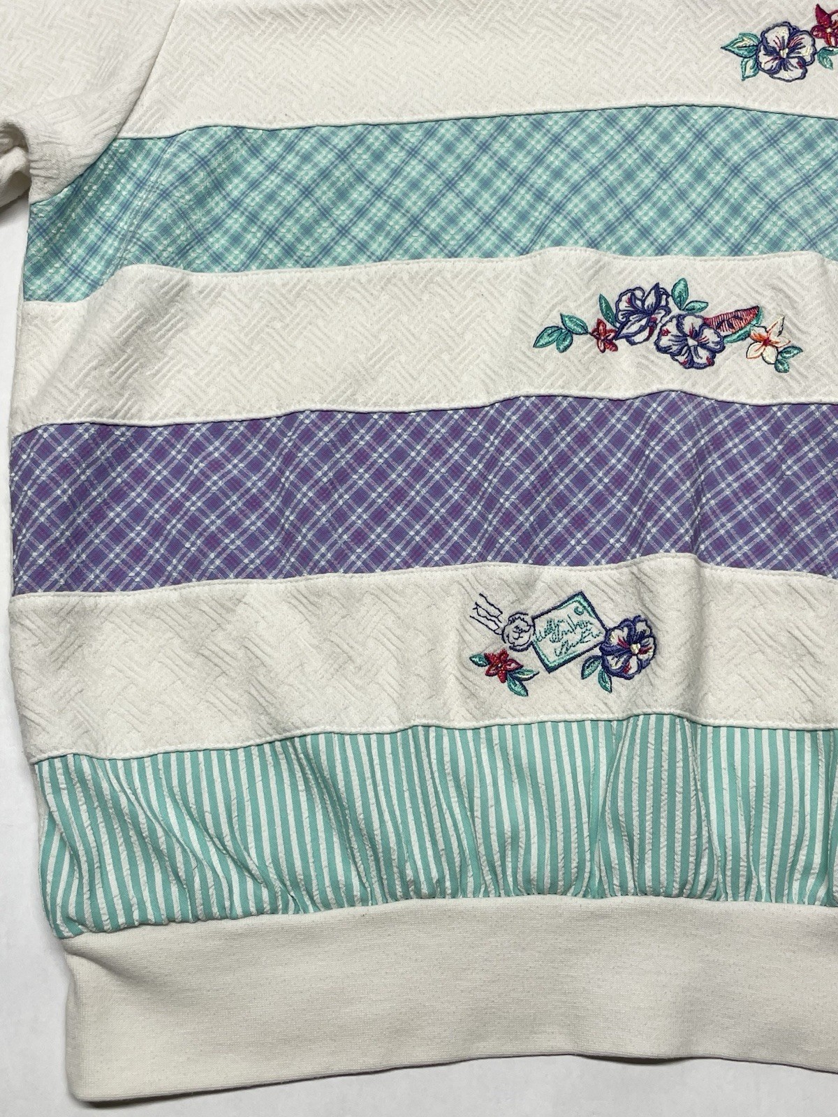 VTG Textured Knit Striped Floral Embroidered Banded Top L 80s 90s Grandma Spring