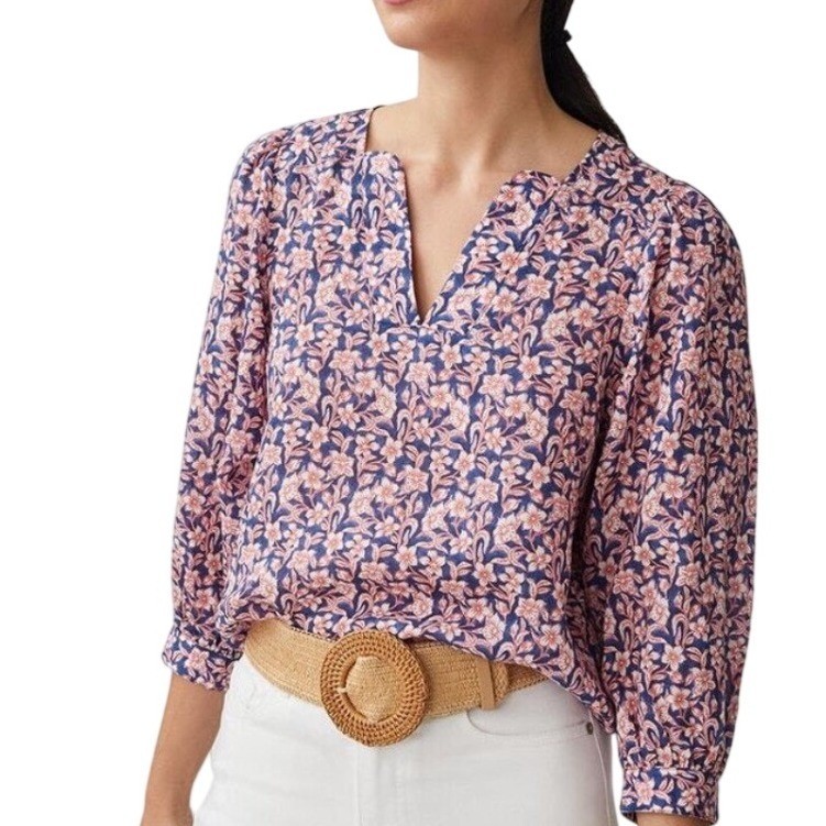J.McLaughlin Georgette Floral Puff Sleeve Blouse Womens S Blue Red Botanica