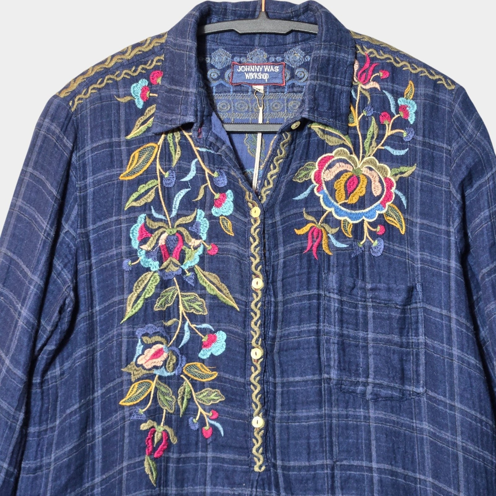 Johnny Was Workshop Esmerelda Embroidered Plaid Tunic M Floral Boho Western NWT