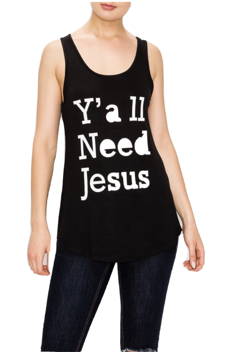 Black *Yall Need Jesus* Loose Graphic Tank Top New Casual Graphic Top Christian