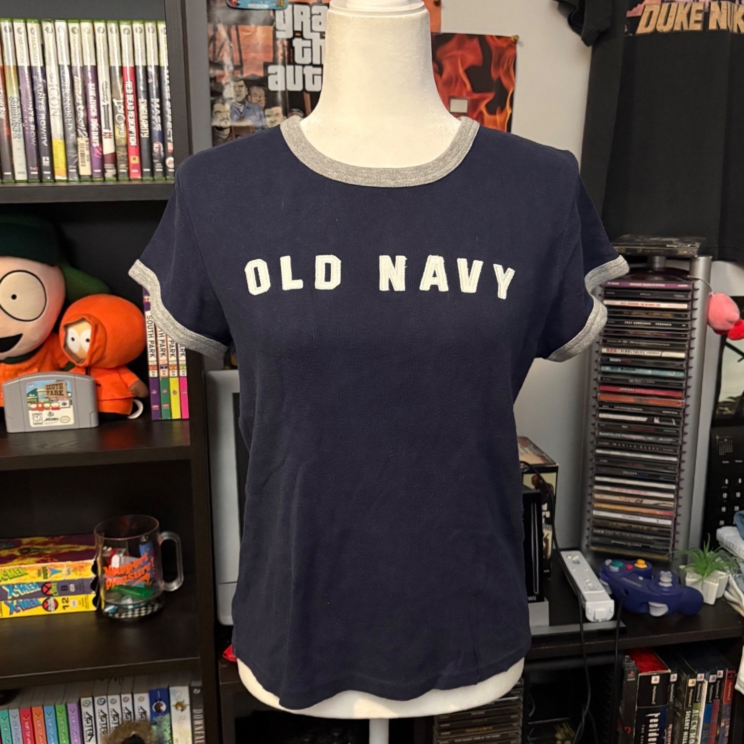 Vtg 00s/Y2K Old Navy Ringer Tee Navy Blue Grey Trim Graphic T-Shirt Sz L