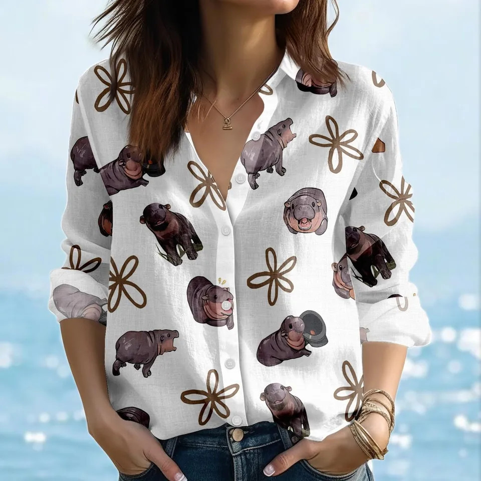 Funny Hippo Print Shirt Women Cute Animal Blouse Gift for Her
