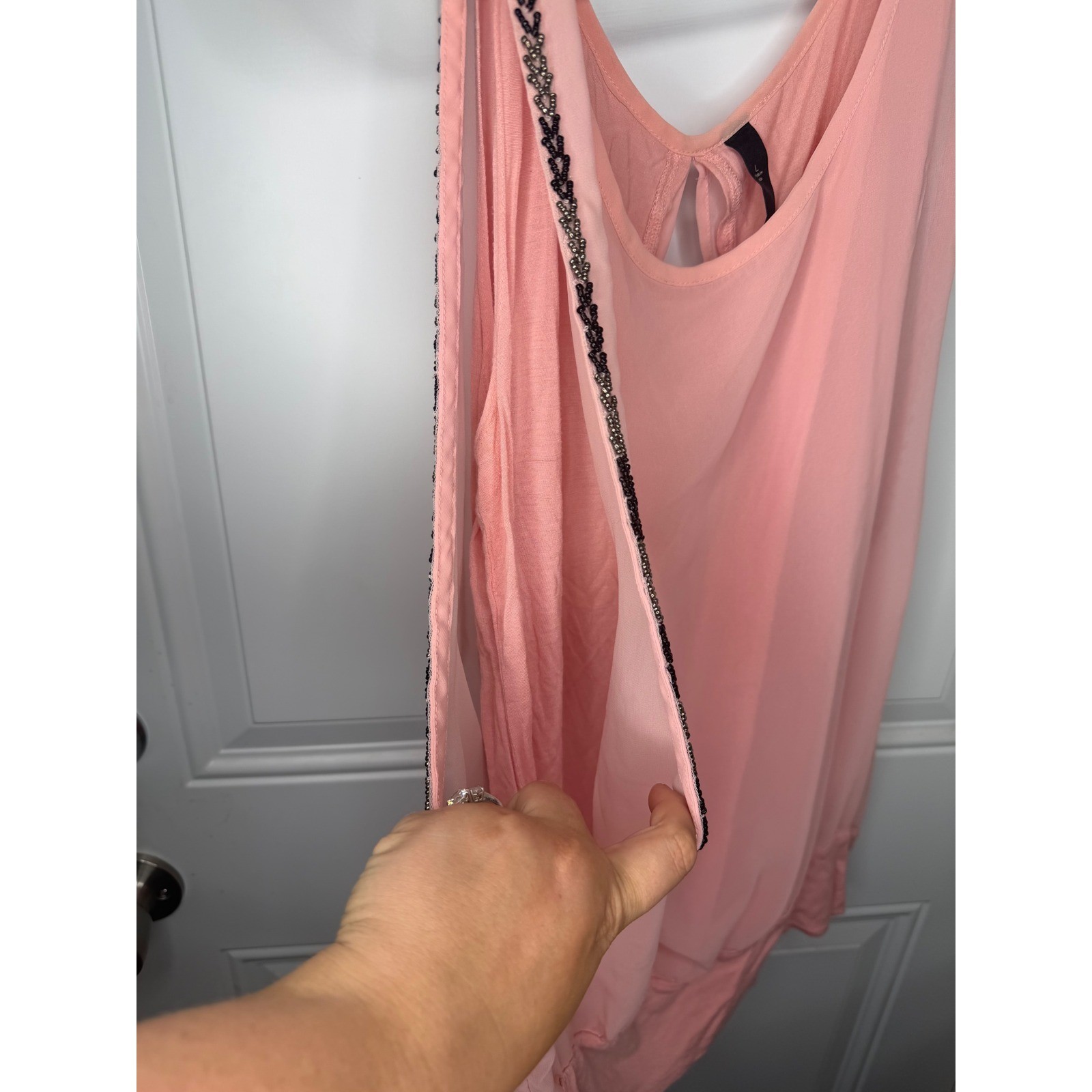 Peach Beaded Trim Chiffon Overlay Sleeveless Blouse Keyhole Back Top L