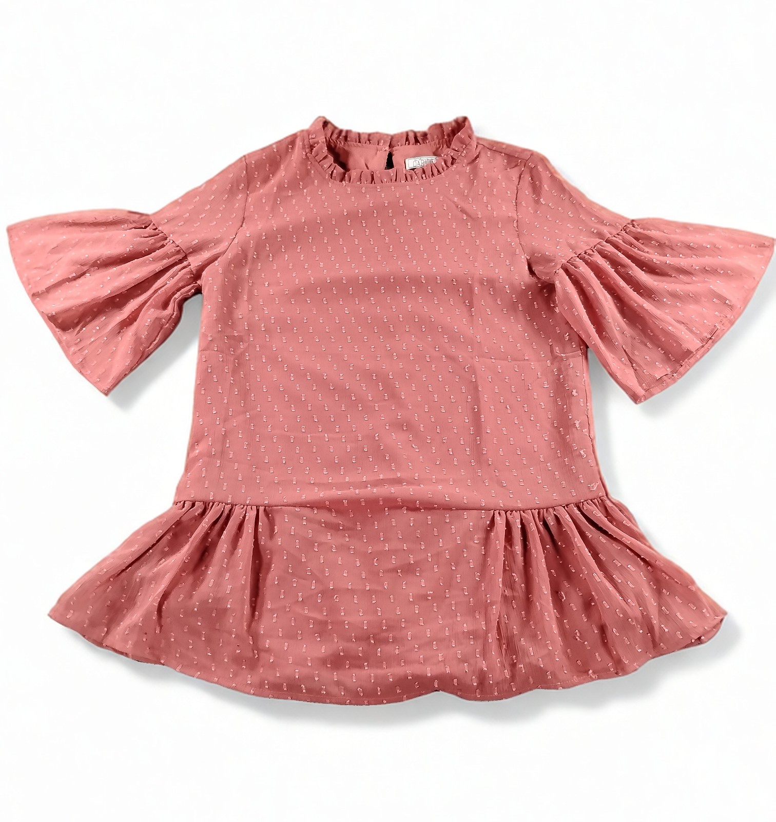A Darling Peplum Top XS Swiss Dot Blouse Ruffle Bell Sleeve Keyhole Back Shirt