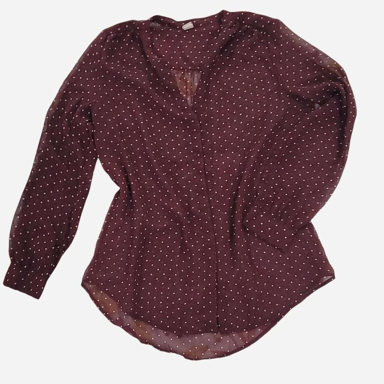 Burgundy & White Polka Dot Blouse Light Flowy Long Sleeve Size M