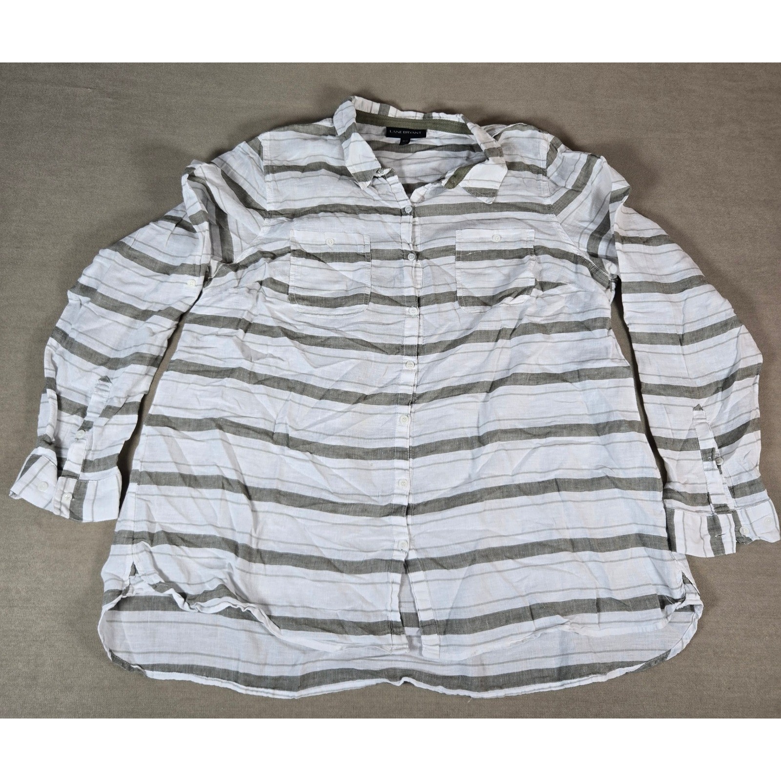 Lane Bryant White Striped Linen Cotton Blend Long Sleeve Button Down Shirt 18/20