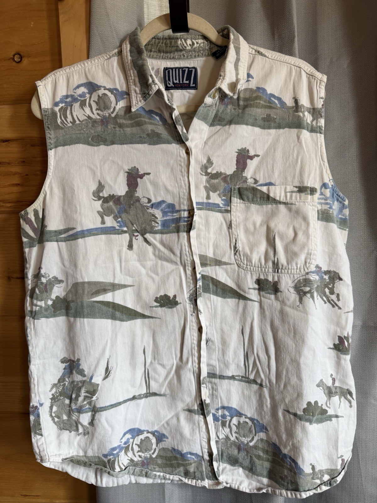Vintage 90s Western Cowboy Shirt Button-up All Over Print Quizz Horse White Lg