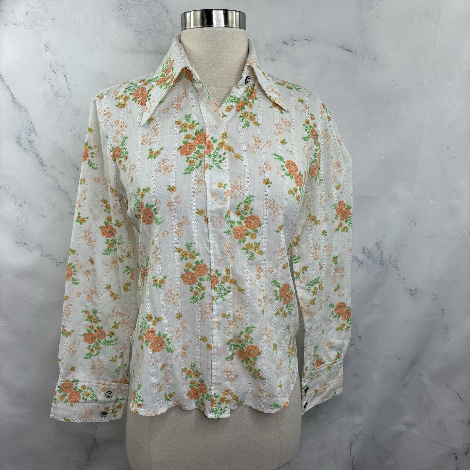 Vintage 70s Blouse MOD button up S retro Flower Power Kitschy Shirt Hong Kong