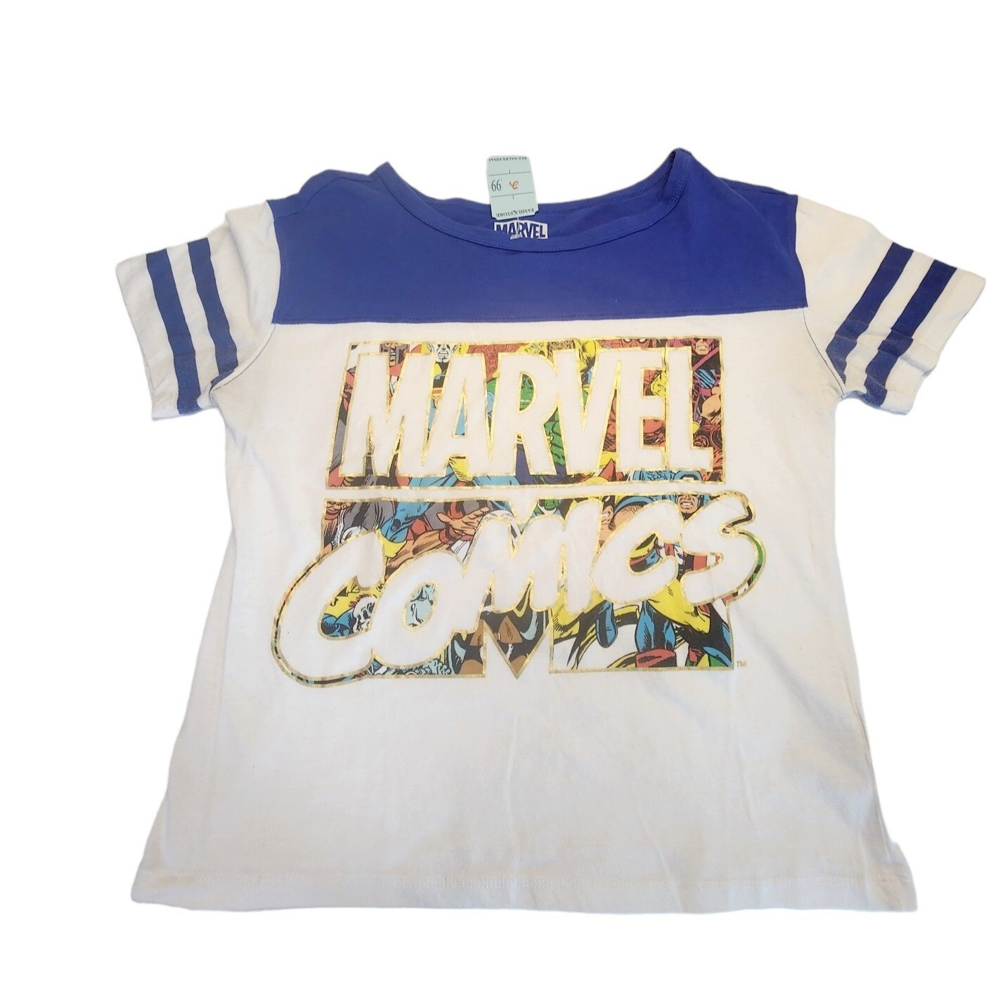 Marvel Comics Graphic Ringer Tee – Blue & White Striped Sleeves – Size M