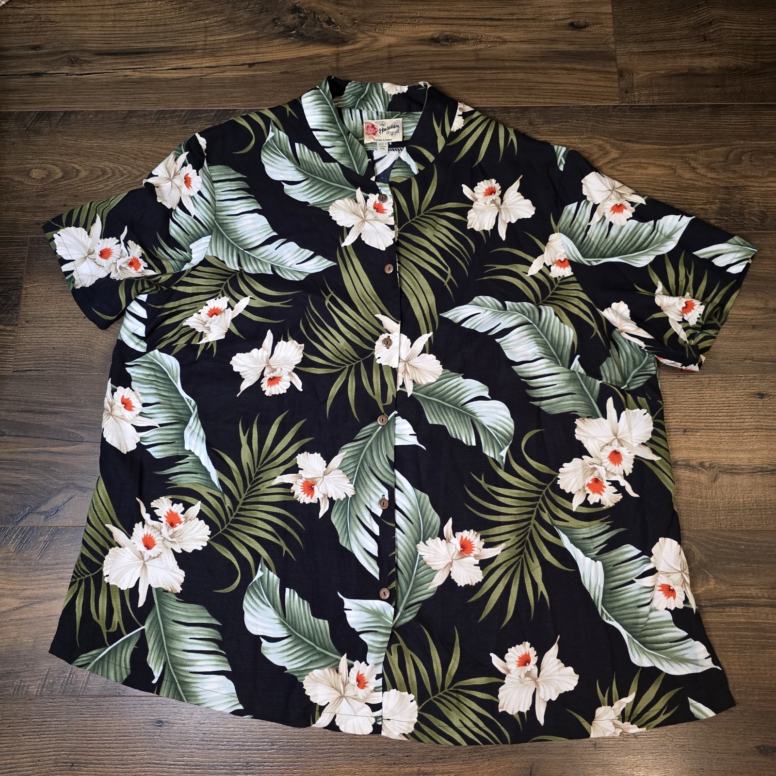 Hilo Hattie Hawaiian Orchid Palm Tree Blouse 2XL Black White Tropical Aloha
