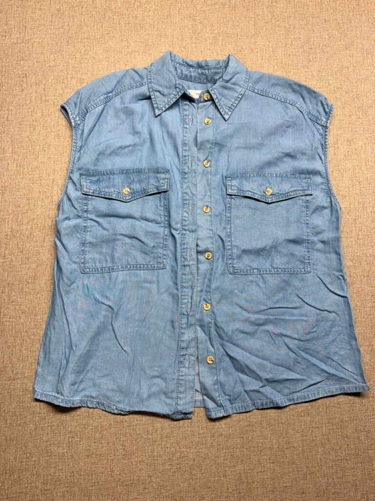 MNG Mango Womens Medium Denim Shirt Cap Sleeve Button Up Chambray Light Wash