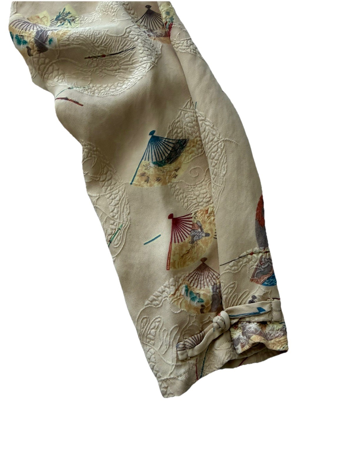 CITRON Santa Monica Silk Art to Wear Asian Fan Print Mandarin Collar Top Size S