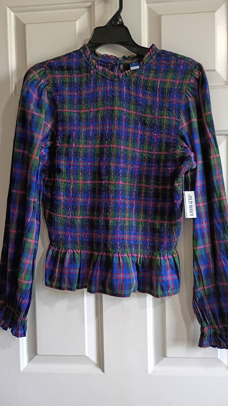 Old Navy Women’s Plaid Peplum Blouse M Blue/Green/Red Round Neck Button