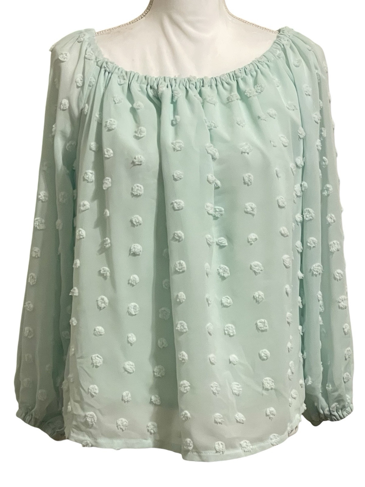 MISS SPARKLING Green Chiffon Off Shoulder Long Sleeve Top Women’s Size M