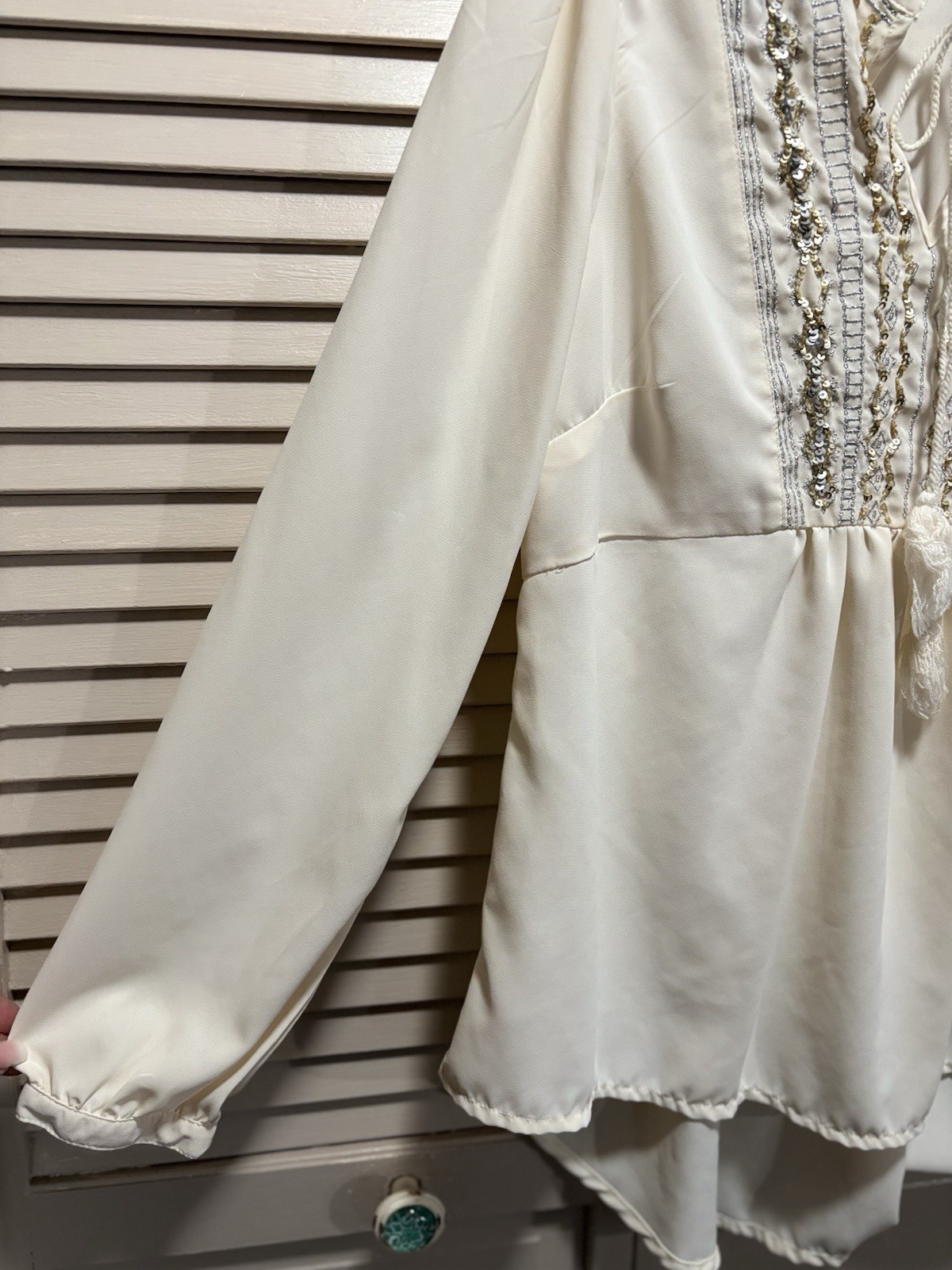 It’s Pink Chiffon Cream Tie/Tassel Neck Blouse Size M Long Sleeve Sequin Metalli