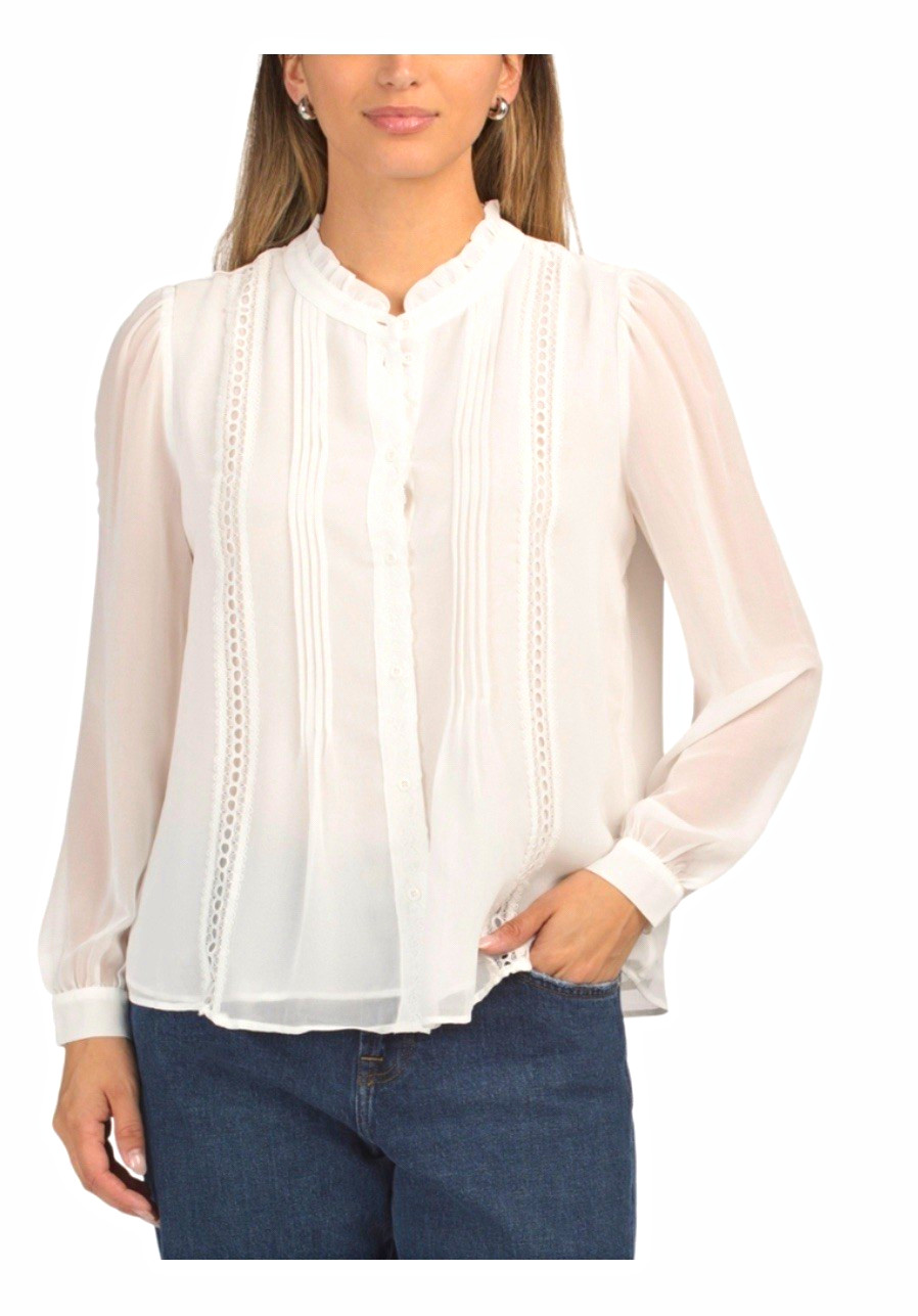 Adrianna Papell White Chiffon Lace Ruffle High Neck Button Blouse Large
