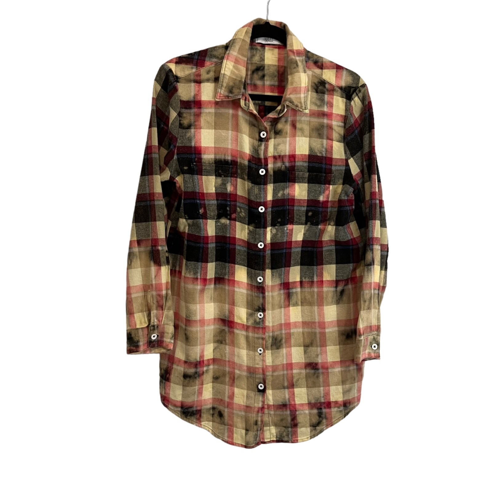 Talulah Bleach Acid Wash Plaid Button Top Tunic Beige Black Womens Size S