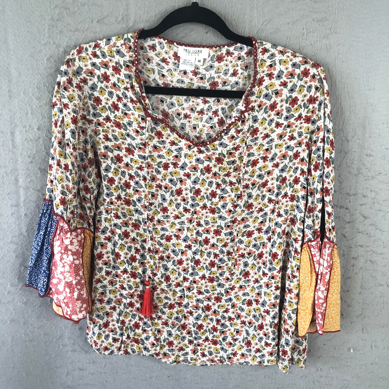Festival Top Womens Medium Multicolor Floral Boho Bell Sleeve Feminine Peasant