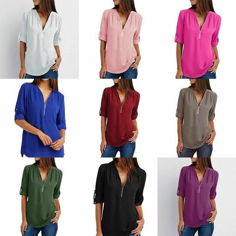 Women’s V-Neck Zipper Shirt Long Sleeve Loose Chiffon Basic Solid Tops Blouse