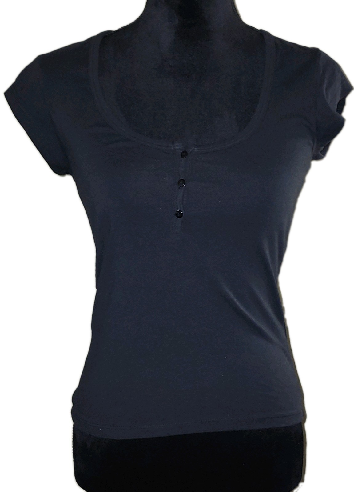CARBON Black Knit Solid Scoop Neck Henley Button Cap Sleeve T-Shirt M
