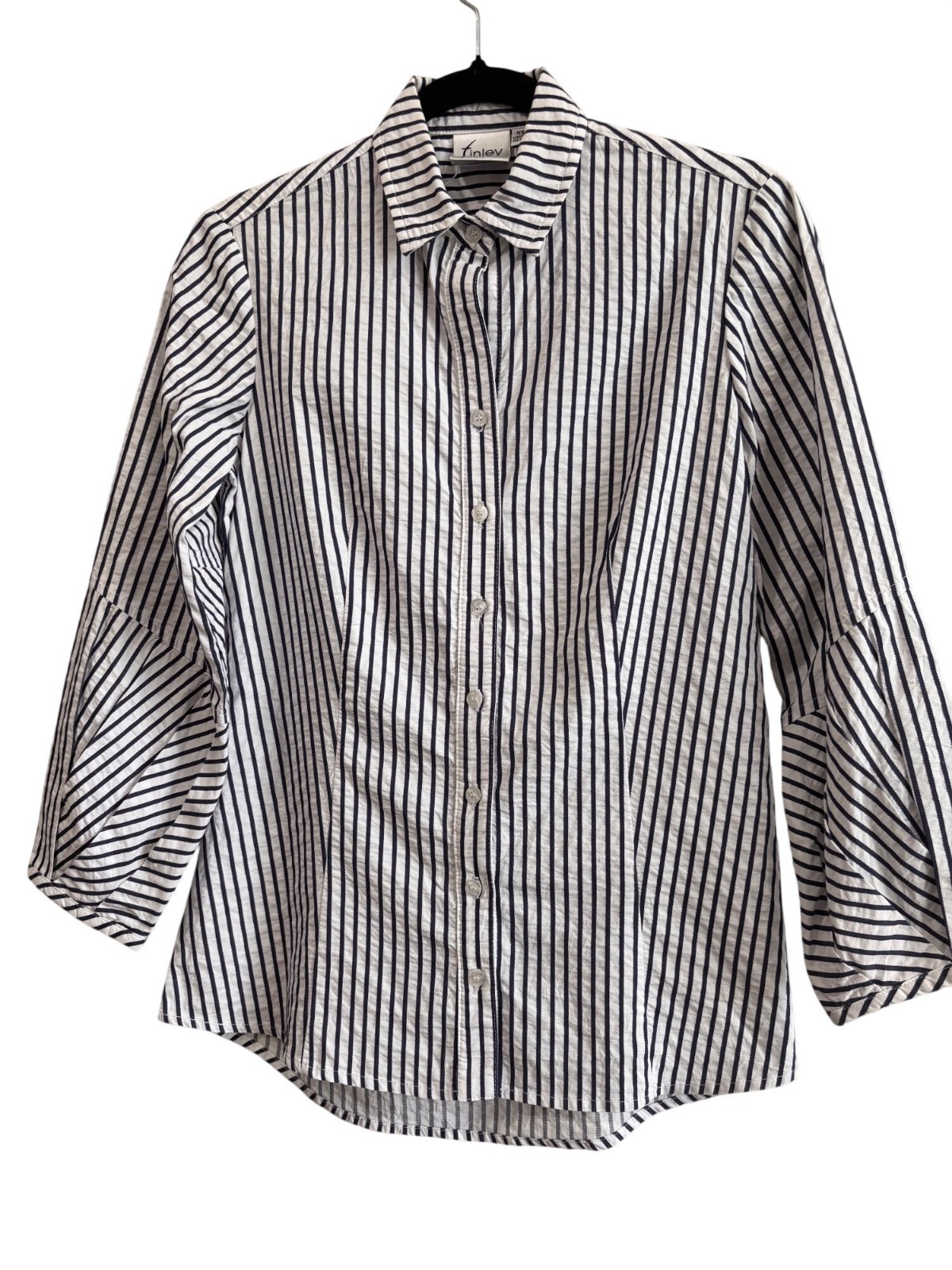 Finley Womens XS Navy & White Striped Cotton Button-Up Shirt With 3/4 Sleeves