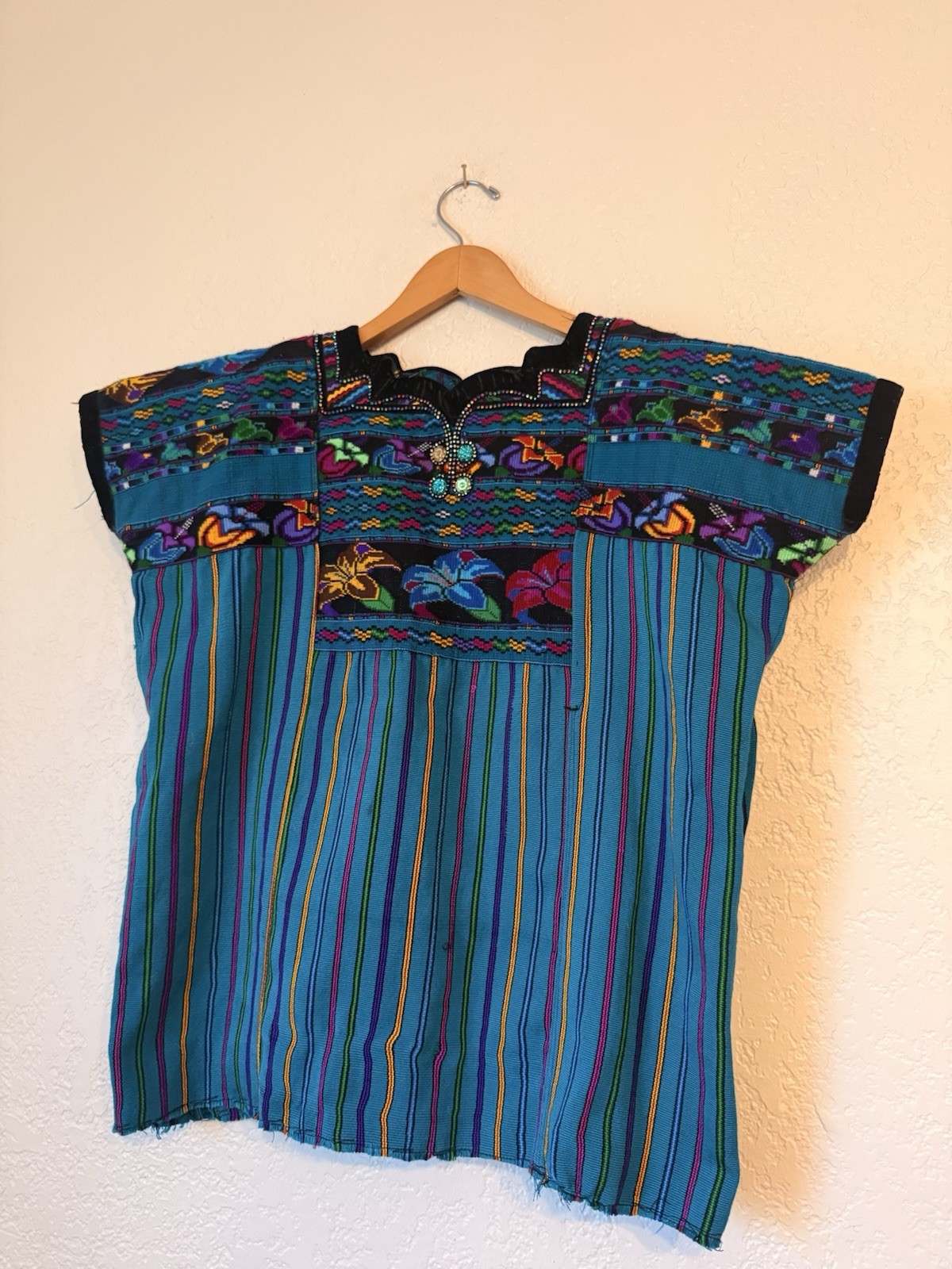 Vintage Guatemalan Huipil Chichicastenango Hand Woven Maya Tunic Top Blue