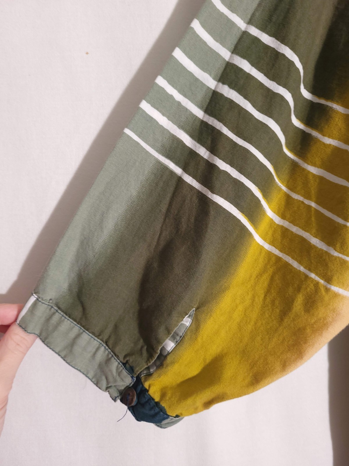 Serengeti-Green Yellow White Striped 3/4 Sleeve Round Neck Button Top Tunic-2X