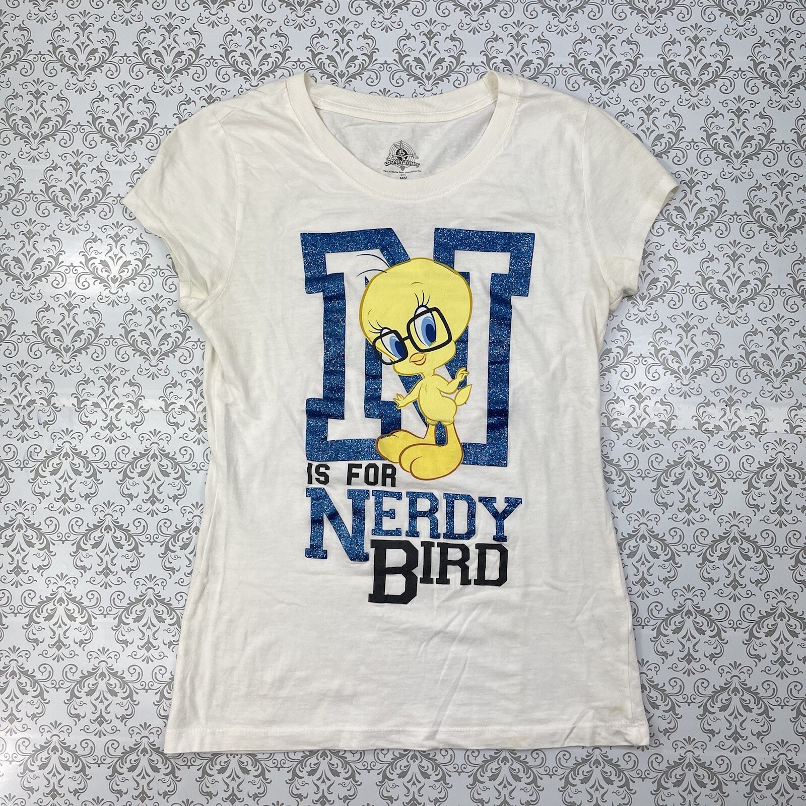 Warner Bros Tweety N is for Nerdy Bird Looney ToonWhite Glitter Top Shirt M 7/9