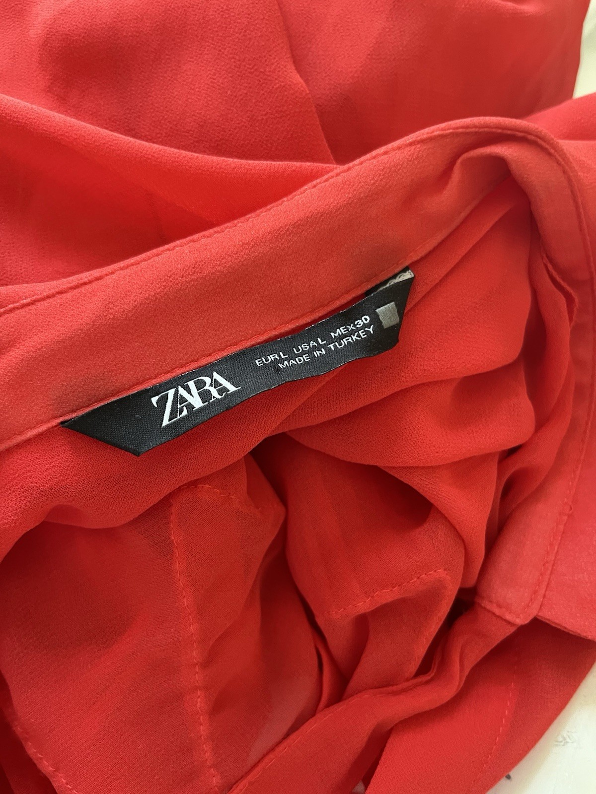 ZARA NWT! Bright Red Sheer Short Flutter Sleeve Pussy Bow Buttoned Blouse Sz L