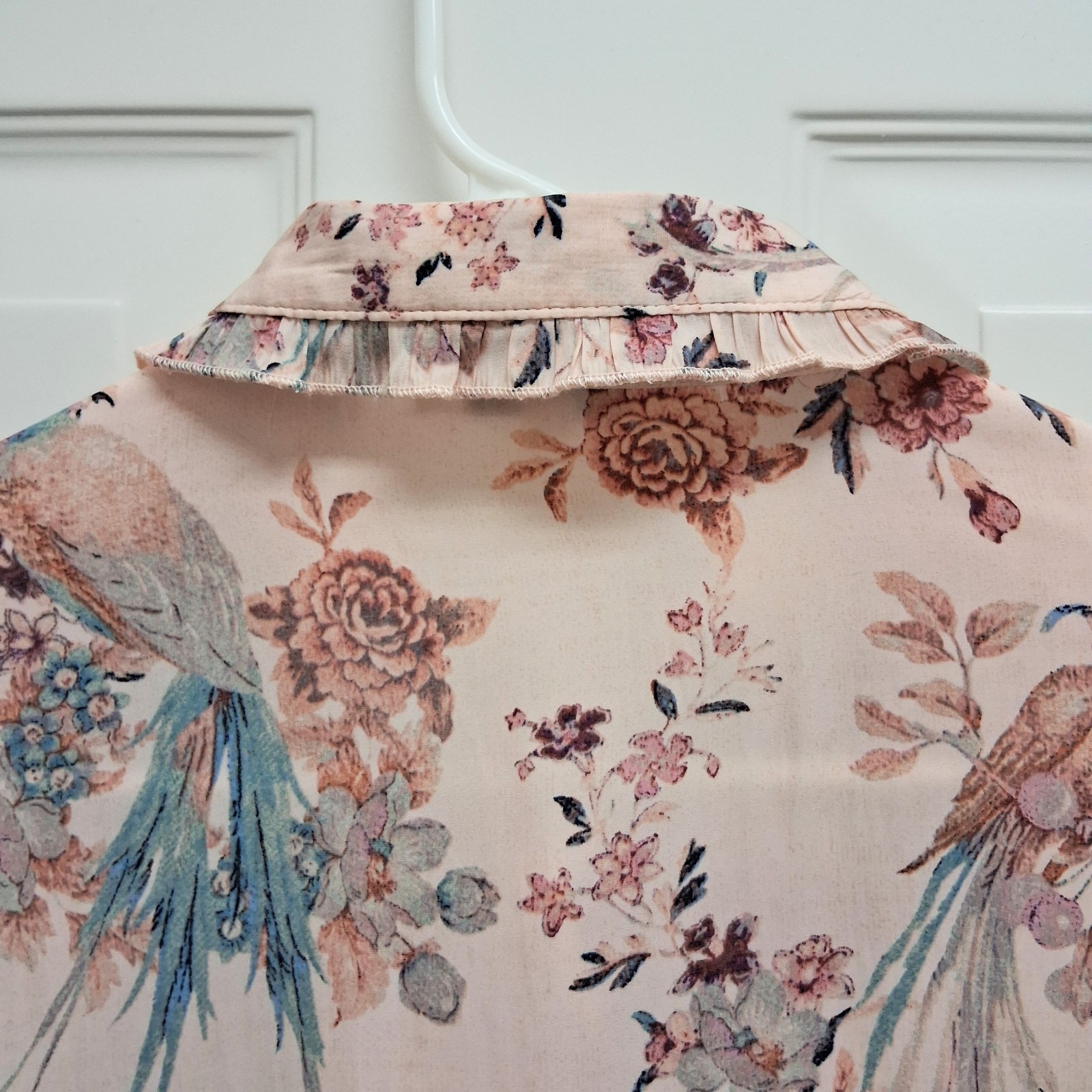 Rose + Olive Floral Bird Button Up Top Large Ruffles Cottagecore Fairy Coquette
