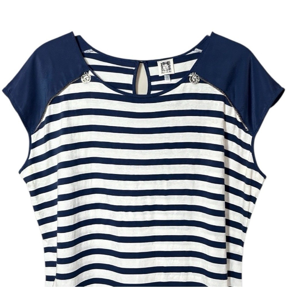 ANNE KLEIN NWOT White & Navy Sailor Striped Cap-Sleeve Top, Gold Logo Zipper, 1X